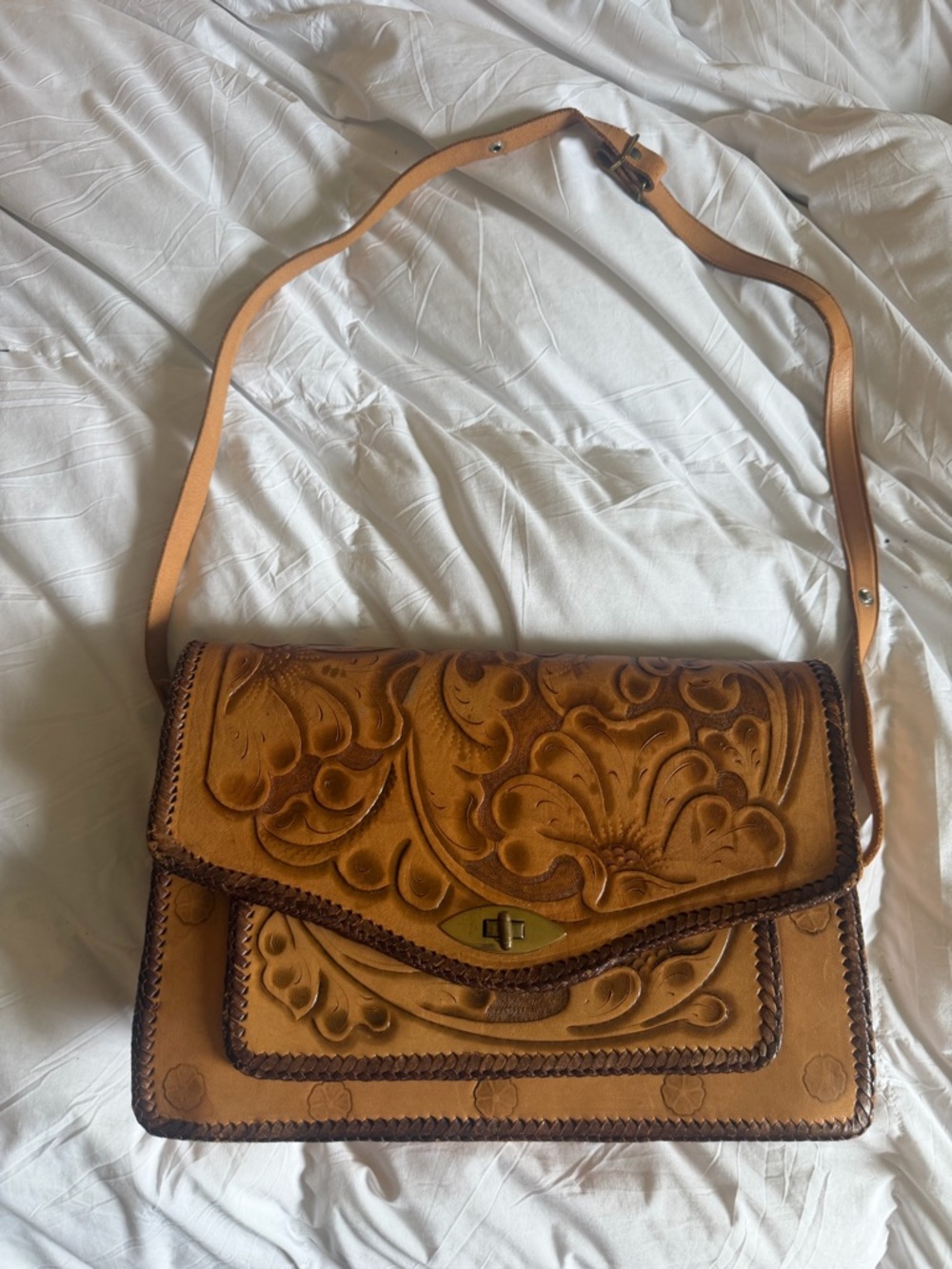 Handtooled Mexican Leather Vintage Shoulder Bag